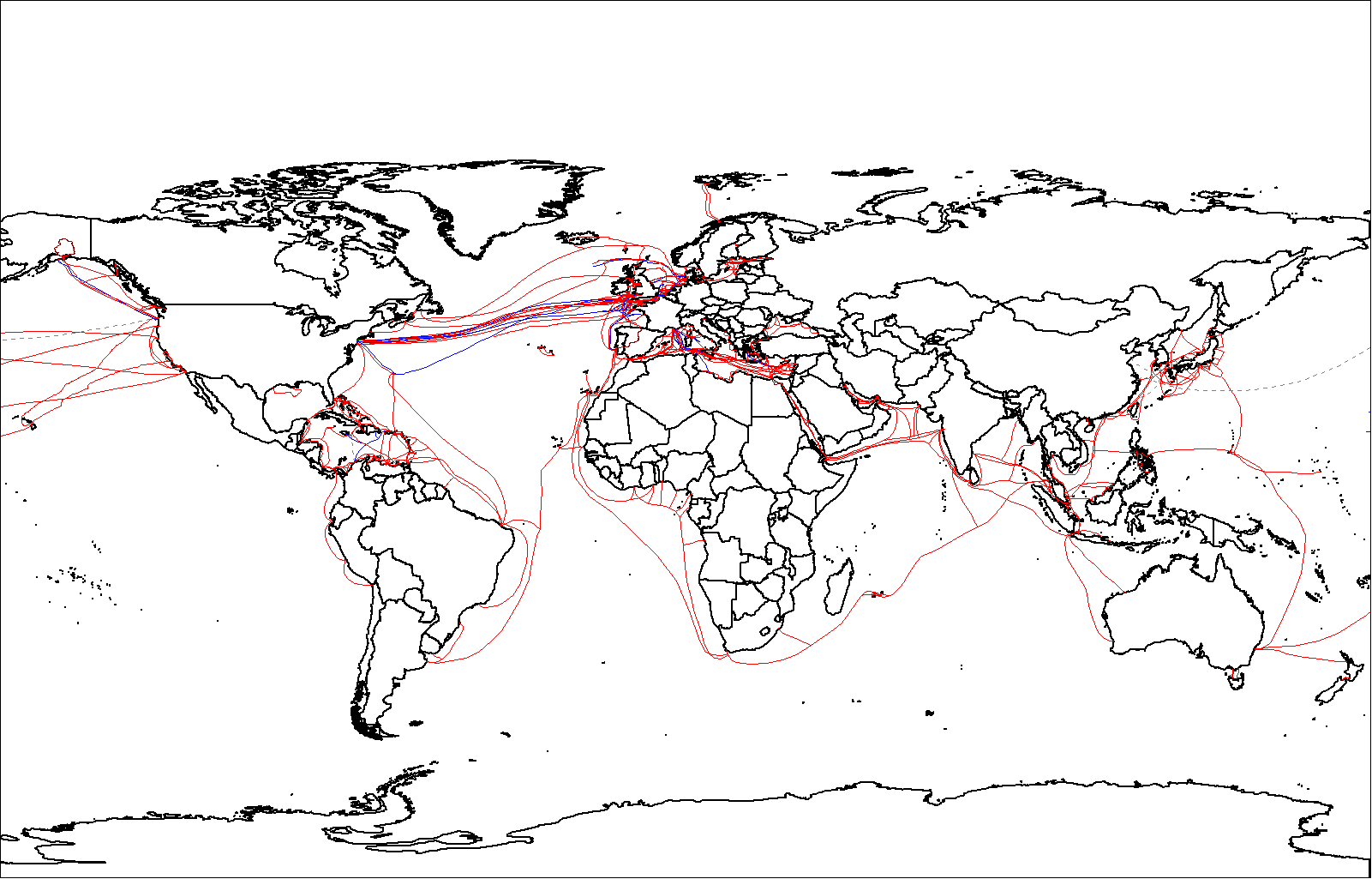 World map showing submarine telecommunications cables